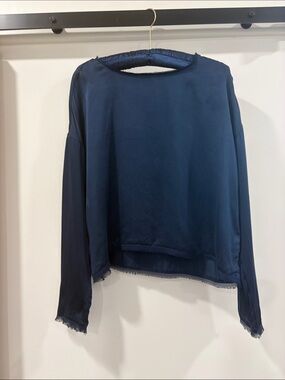 GO BY GO SILK Navy Raw-Edge Long Sleeve Silk Top